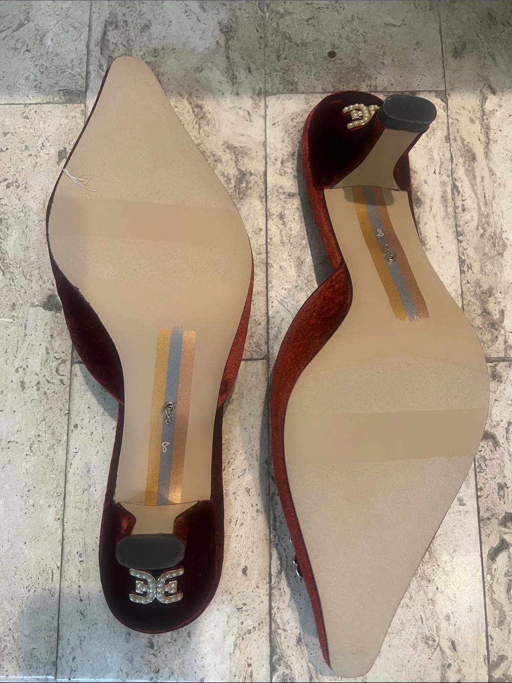 Sam Edelman Red Velvet Rhinestone Kitten Heel Mules - Picture 7 of 8